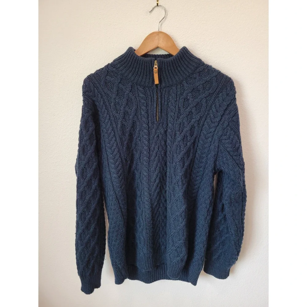 Aran Crafts Ireland Merino Wool Cable Knit Quarter Zip Sweater Blue Size M